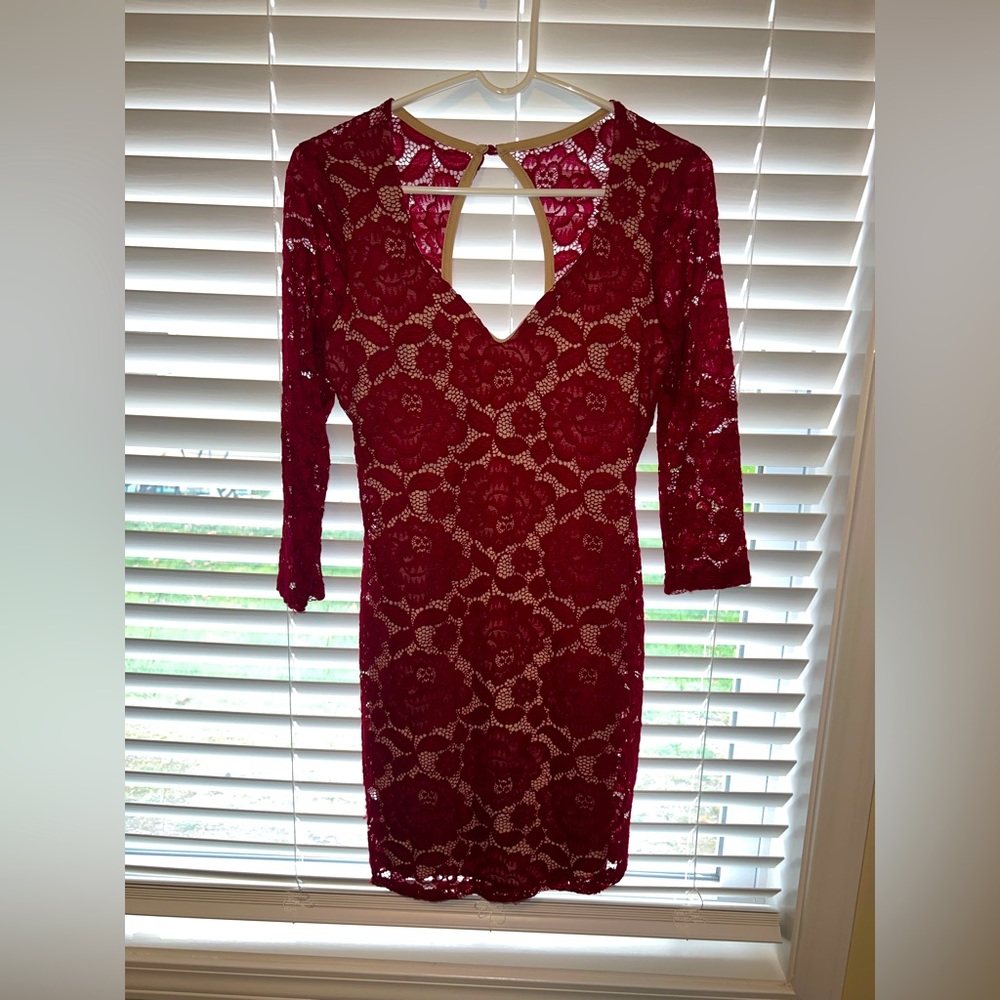 Maroon/Nude underlay long sleeve mini dress